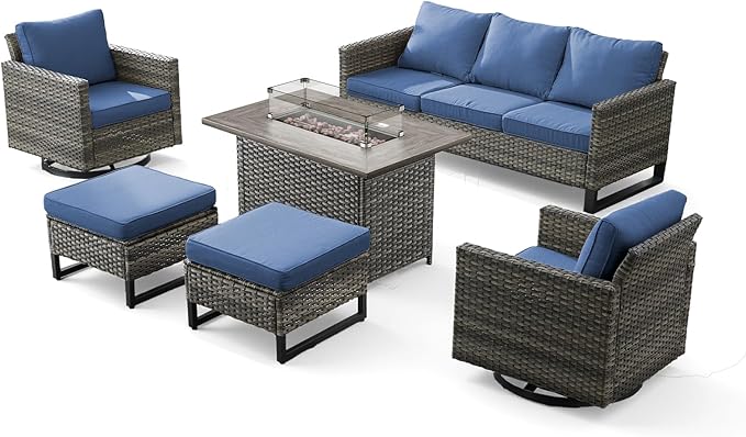 Patio Furniture Set with Fire Pit Table-6 Pieces All Weather Outdoor Swivel Chairs Set of 2 with Patio Sofa and Ottomans, Patio Conversation Sets for Porch Deck Garden Backyard(Grey/Blue)