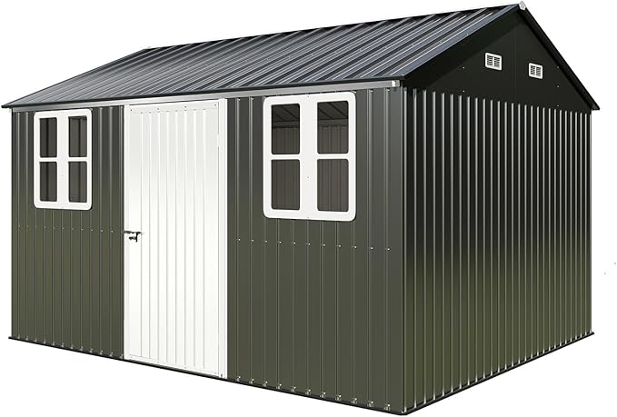 Vanacc 12x10.3x8.1 FT Galvanized Steel Outdoor Storage Shed with a Lockable Hinged Door and 2 Windows, Metal shed for Garden, Backyard, Dark Grey/White