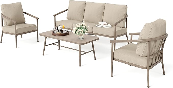 HERA'S HOUSE Patio Furniture Set, 2 x Cushioned Leg Chair, 3-Seat Sofa with Wood Grain Coffee Table, 5 Seats Luxury Windsor Style All Weahter Outdoor Sofa Conversation Set for Deck Lawn Backyard