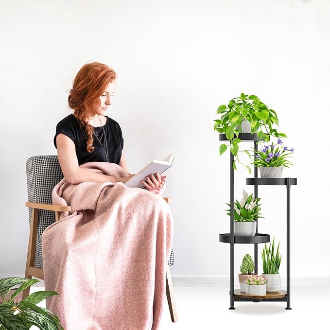 Plant Stand Indoor Outdoor Clearance, 4 Tier Metal Tall Flower Shelf Holder, Multiple Plant Round Corner Rack Organizer Display for Patio Orchid Office Porch Living Room Garden Balcony, Black