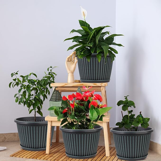 Planter-Pots-for-Plants-Indoor-Outdoor, 3 Pack 10 Inch Plastic Flower Pots with Saucer & Drainage Holes, Modern Garden Planters for Planting Medium Large Plants,Decorative Resin Garden Pots