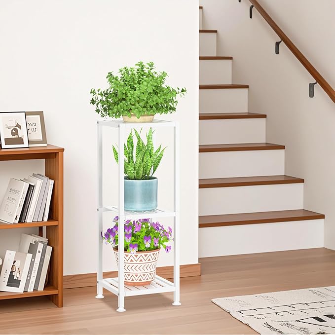 LASZOLA 3 Tier White Metal Plant Stand Indoor Outdoor for Large Planter, Modern Heavy Duty Tall Rack for Corner House Bathroom Patio Floor, Iron Flower Shelf Holder for Orchid Fern