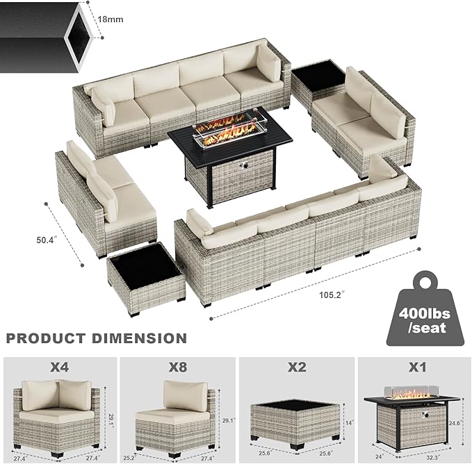 15-Piece Patio Furniture Set, Outdoor Patio Furniture with 55,000 BTU Fire Pit Table, Thick Cushions, Modular Patio Sofa, Dual-Strand Wicker Rattan, Rust-Resistant Frame, Ivory