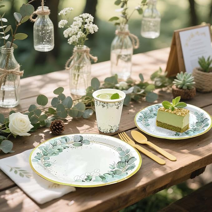 Eucalyptus Party Decorations, Baby Shower Bridal Shower Paper Plates and Napkins, Eucalyptus Tableware Set, for Boho Gender Neutral Wedding Birthday Party, Serves 24 (Green)