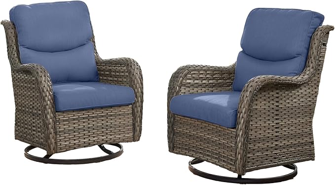 HUMMUH High Back Outdoor Swivel Rocker Patio Chairs Set of 2 with 5-Inch Thick Cushions, All-Weather Wicker Patio Furniture for Porch,Poolside, Deck, and Yard (with Cover)