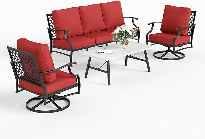 4 Piece Metal Outdoor Patio Furniture Sets, Patio Conversation Sets 1 3-seater Sofa, 2 Swivel Chair with 5.75" Extra Thick Cushion and Coffee Table, Black Frame Backyard Furniture, Red