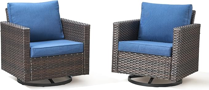 Wicker Swivel Rocker Patio Chairs-High Back Outdoor Swivel Chairs Set of 2 with Thickened Cushions Wide Armrest All Weather Patio Furniture Set for Deck Porch Balcony(Brown/Blue)