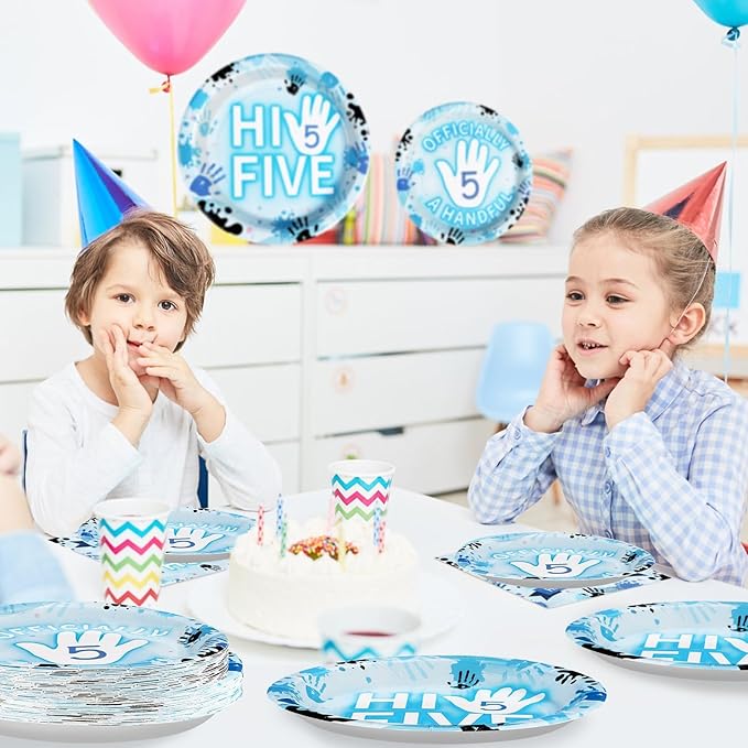 96Pcs Hi Five Party Decorations Blue High 5 Year Old Plates And Napkins Tableware Sets Officially a Handful 5th Birthday Decorations for Kids Girls Boys Five Years Old Birthday Supplies Serves 24