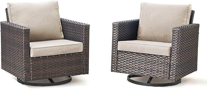 Wicker Swivel Rocker Patio Chairs-High Back Outdoor Swivel Chairs Set of 2 with Thickened Cushions Wide Armrest All Weather Patio Furniture Set for Deck Porch Balcony(Brown/Beige)