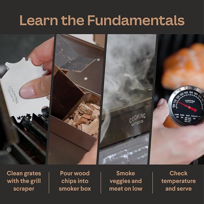Deluxe Smoker Box for Gas Grilling - Complete BBQ Smoker Box Kit with Wood Chips, Stainless Steel Smoke Box for Gas Grill & Charcoal, Thermometer, Scraper & Recipes - Smoker Accessories Gifts for Men