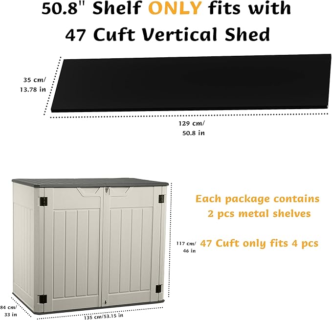 Vertical Resin Storage Shed with 2 Shelves, 47 Cuft Garden Tool Sheds & Outdoor Storage, Plastic Outdoor Storage Cabinet Waterproof, 4.5x2.8 ft Backyard Outside Lawn Mower Storage Shed, Vanilla
