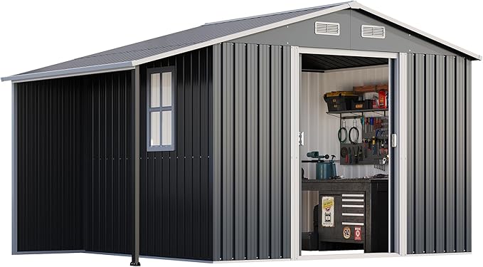 AMERLIFE 10.6x6.8x6.3 FT Galvanized Metal Storage Shed with Open Firewood Bay, Sliding Doors & Ramp, 2 Windows & Vents, Weather-Resistant Outdoor Tool/Garden Shed, Dark Gray
