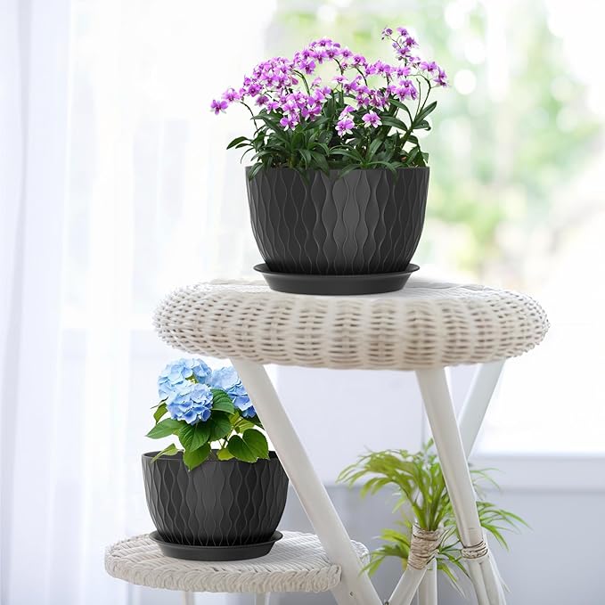 12/10/9 inch Large Plant Pots, 3 Pack Wide Flower Pots for Outdoor Indoor Plants with Water Ripples, Big Plastic Planters with Drainage Holes and Saucers for Garden House Plants, Black
