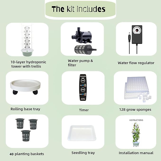 Hydroponic Growing System Kit, Vertical Hydroponic Tower with Trellis, Indoor & Outdoor Herb Garden, Vegetable Tower with 40 Planting Pods, Automatic Timer, Ideal for Gardeners & Beginners