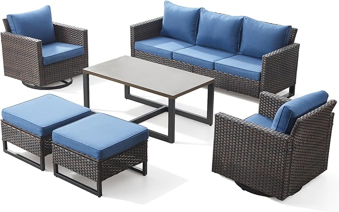 6 Pieces Patio Furniture Set-All Weather Outdoor Swivel Rocker Patio Chairs with 3-Seat Section Couch and Rattan Coffee Table Outdoor Conversation Sets for Garden Backyard Deck(Brown/Blue)