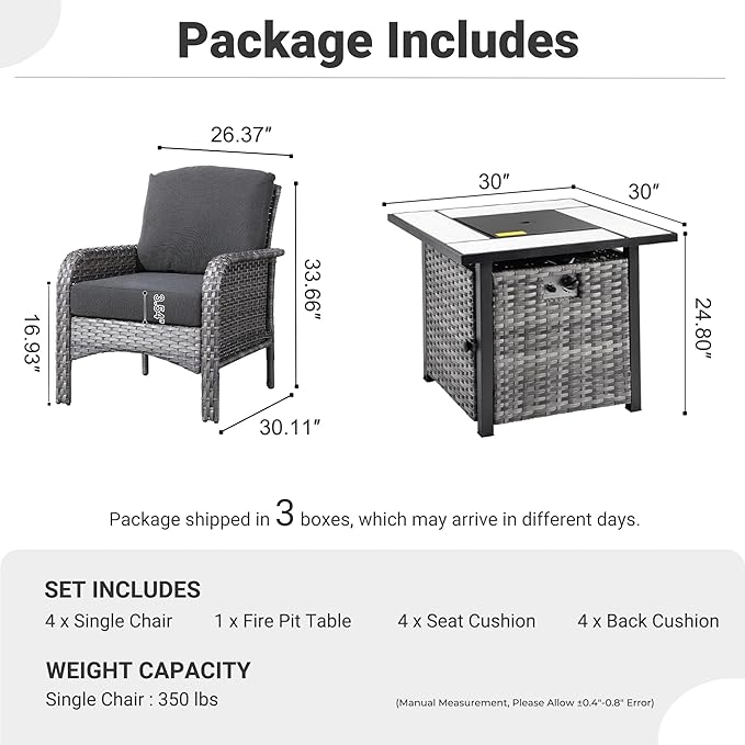 ovios 4 Pieces Patio Furniture Set with 30" Fire Pit Table, Outdoor Wicker Chairs of 4, All Weather High Back Rattan Chairs 4-Seater with Comfy Cushions, Black