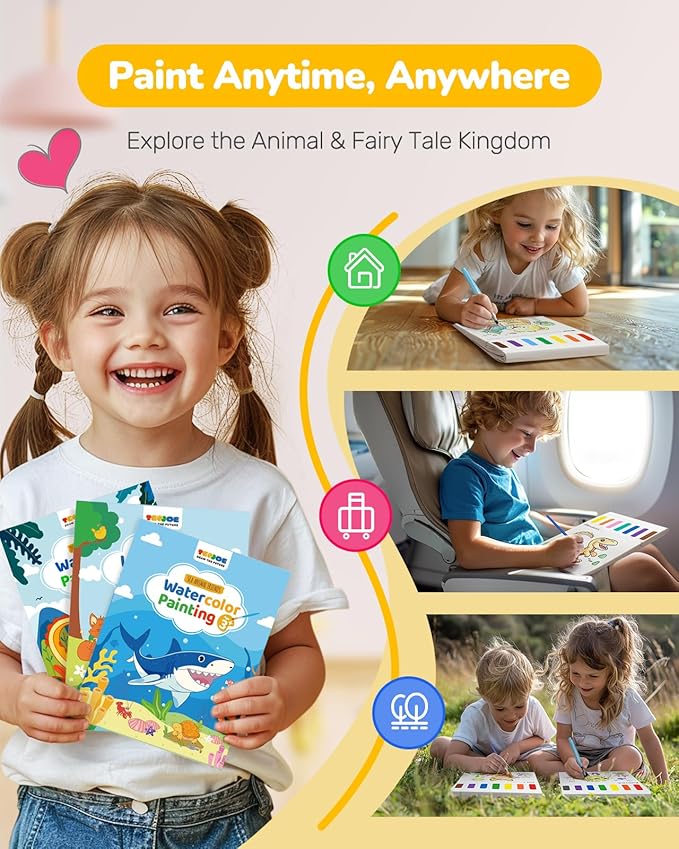 TECJOE 3 Pack Paint with Water Coloring Books for Toddlers, Watercolor Paint Set with 6 Brushes, Mess Free Painting for Kids Ages 4-8, Birthday Gifts Arts & Crafts Toy - Traffic, Princess, Dinosaur