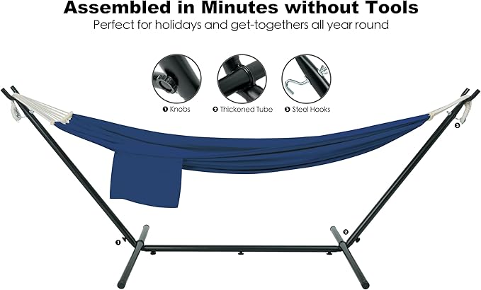 Double Hammock with Stand for Outside, Upgraded Spreader Bar, Heavy Duty Space Saving Steel Stand 2 Person, Side Pockets, Easy Assembly, 600lbs Weight Capacity, Indoor & Outdoor (Navy Blue)