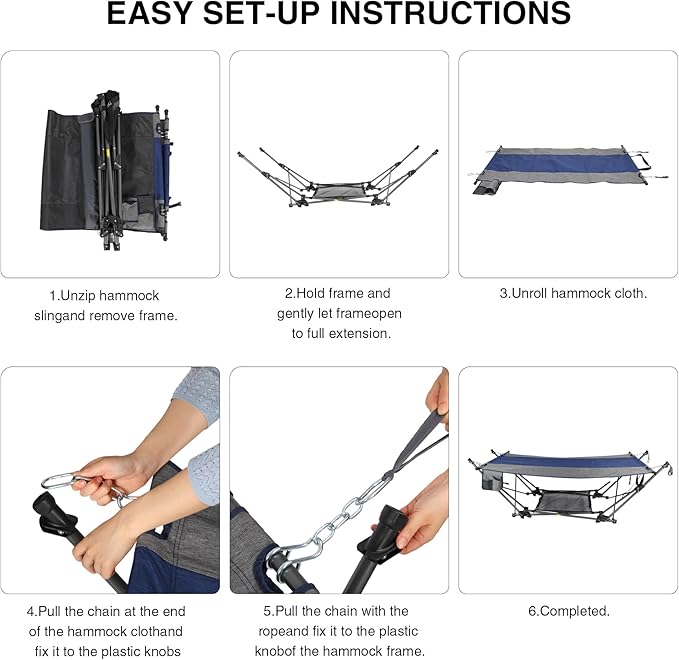 RedSwing Portable Folding Hammock with Stand,Foldable Camping Hammock with Removable Pillow,Storage Net,Foldable Lounge Camping Bed for Adults for Outdoor,Backyard,Beach,Garden,Lawn