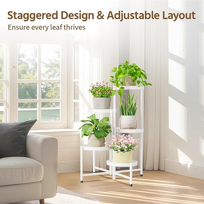 LASZOLA 5 Tiered Folding Plant Stand Indoor for Multiple Large Planter, Tall Heavy Duty Adjustable Rack with Rust Proof 10 Inch Wide Tray, Sturdy Vertical Tree Organizer for Narrow Inside Floor, White