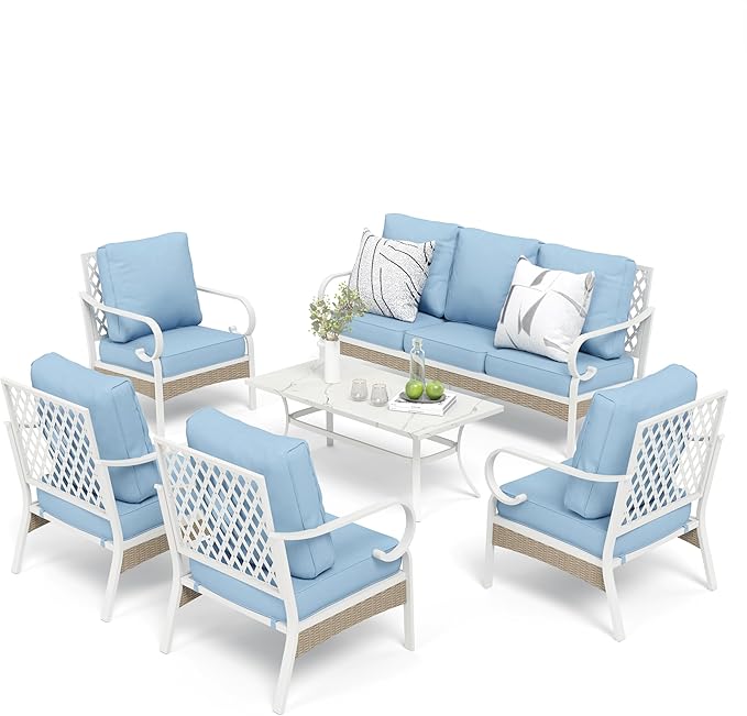 6 Piece Patio Furniture Set, 4 x Fixed Chair, 1 x 3-Seat Sofa with Marbling Coffee Table, All Cushioned 7 Seats Outdoor Conversation Set for Lawn Garden Backyard, Blue