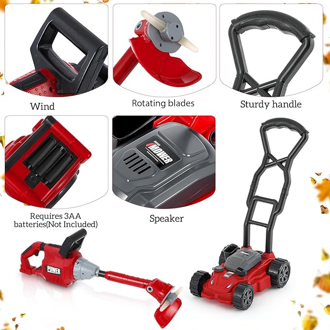 2 Pcs Toy Gardening Tool Set for Kids Toy Weed Trimmer, Push Lawn Mower Battery Powered Gardening Tool Set with Lights and Sounds Gift for Boys Girls