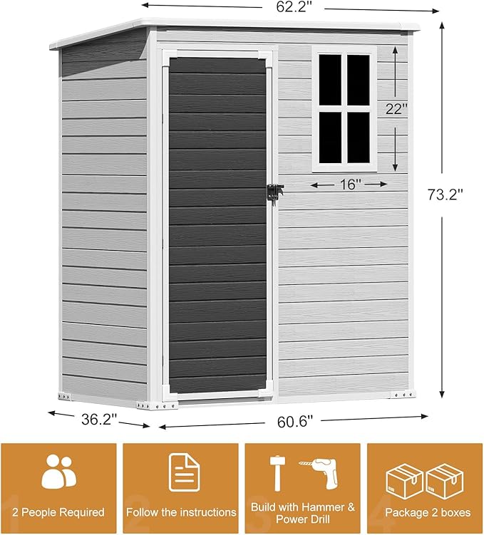Outdoor Resin Storage Shed with Floor Included 5x3 FT, Waterproof Outside Sheds with Window Lockable Door, Plastic Sheds for Backyard Garden Patio Lawn Tools, Gray