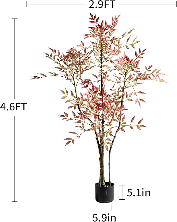 4.6ft Faux Bamboo Tree Artificial Nandina Tree Artificial Indoor Plants Realistic Fake Potted Tree with 800+ Leaves, Cement Planter - Home Office Decor Perfect for Housewarming Gift No Planter