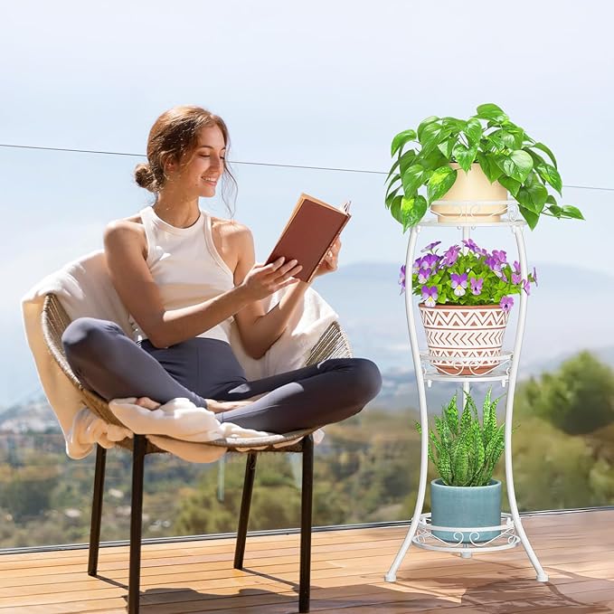 LASZOLA White 3 Tier Tall Plant Stand for Indoor Outdoor, Large Multiple Level Flower Planter Holder Organizer Rack for Patio Office Bathroom Corner Floor, Sturdy Heavy Duty Metal, Vertical Display