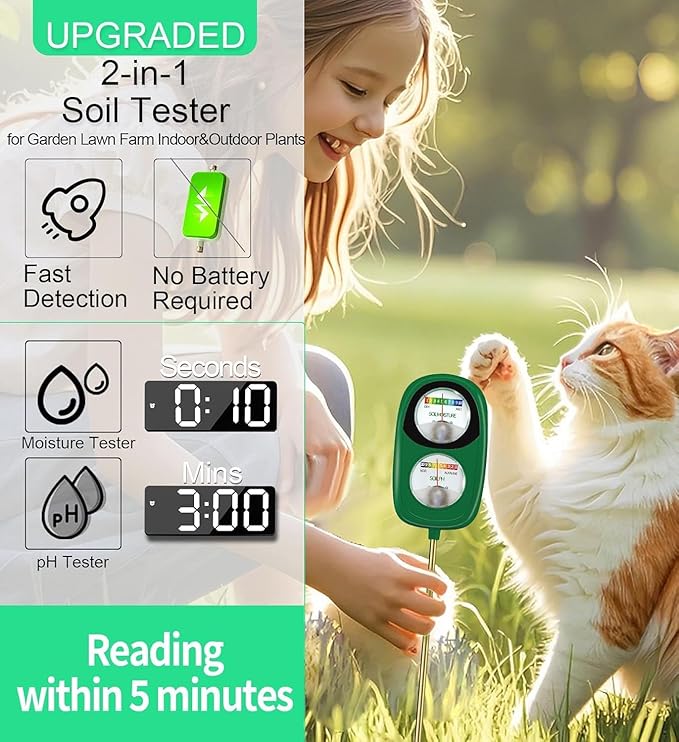 2-in-1 Soil Moisture Meter, Soil PH Meter, Large Dual-Screen Soil PH Tester & Moisture Meter for Plants Indoor&Outdoor Garden,Lawn,Farm Soil Test Kit-No Battery Needed-Avocadogreen