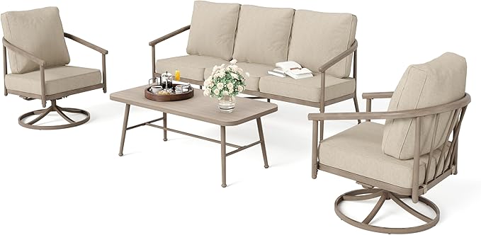 HERA'S HOUSE Patio Furniture Set, 2 x Cushioned Swivel Chair, 3-Seat Sofa with Wood Grain Coffee Table, 5 Seats Windsor Style All Weahter Outdoor Sofa Conversation Set for Deck Lawn Backyard