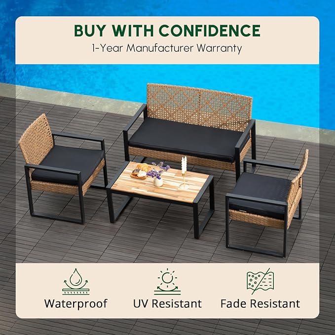 BEEFURNI Wicker Patio Furniture Outdoor Conversation Set of 4, Acacia Wood Table, 2 Rattan Chairs, 1 Loveseat, 2โ Cushions, All-Weather, Easy Assembly, 1-Year Manufacturer Warranty (Brown)