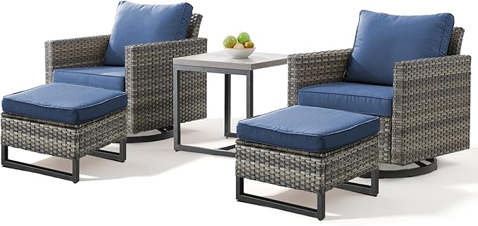 Patio Furniture Set with Swivel Chairs-5 Piece Outdoor Swivel Rocker Patio Chairs with Ottomans Rattan Side Table, Comfy Cushion Outdoor Furniture Set for Porch Deck Garden Backyard(Grey/Blue)