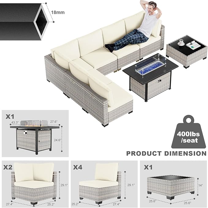 8-Piece Patio Furniture Set, Outdoor Patio Furniture with 55,000 BTU Fire Pit Table, Thick Cushions, Modular Patio Sofa, Dual-Strand Wicker Rattan, Rust-Resistant Frame, Ivory