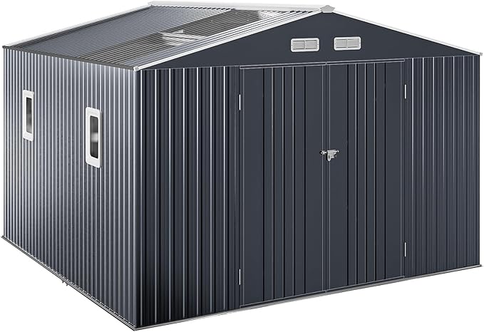 10x12 Metal Shed with Floor Frame Kit & Reinforced Construction - Translucent Roof Panels for Natural Light, Lockable Doors,Vents,Windows, Weatherproof Garden/Backyard/Patio Outdoor Storage