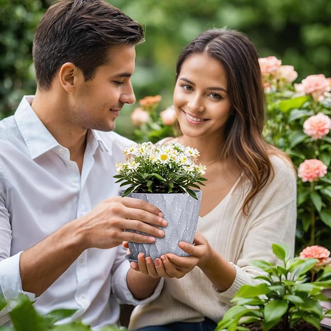 7 inch Plant Pots for Indoor Outdoor Plants, 5 Pack Thick Flower Pots with Drainage Holes and Saucers, 3D Modern Wave Texture Plastic Planter Nursery Pots, Speckled Grey