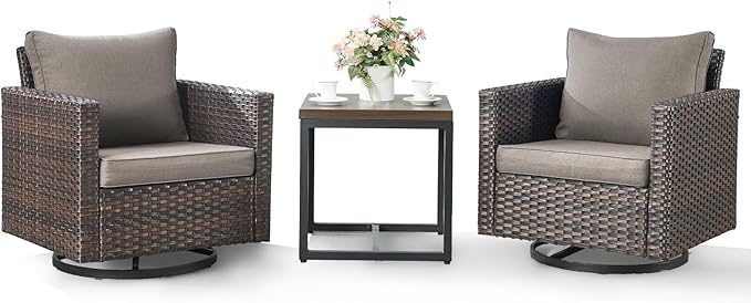 Outdoor Swivel Rocker Patio Chairs-3 Pieces Wicker Swivel Patio Chairs Set of 2 with Matching Side Table, Thick Cushions High Back Outdoor Furniture Set for Deck Porch Balcony(Brown/Grey)