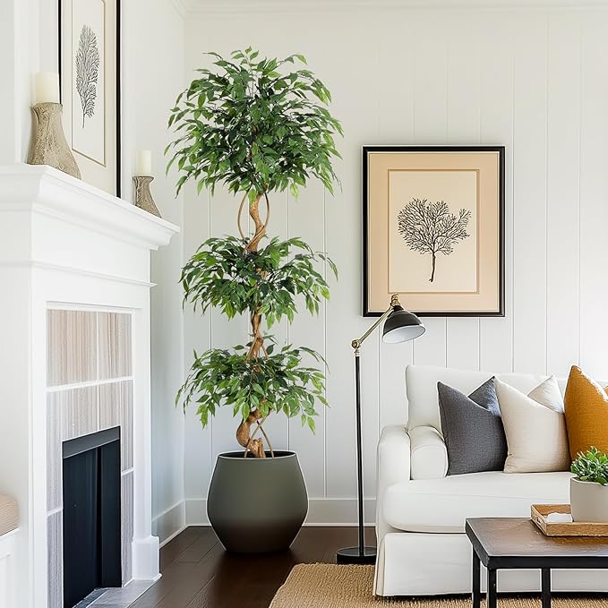 GarveeHome Ficus Artificial Tree with Curved Trunk,6 ft Faux Plant Fake Silk Trees with White Pot, Fake Ficus Tree for Home Decor, Artificial Plants Indoor for Office Living Room