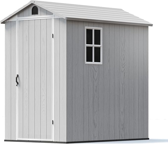 Patiowell 4' x 6' Outdoor Storage Shed with Floor, Plastic Shed Outside Resin Tool Shed with Window and Lockable Door for Backyard Garden Patio Lawn, White (Fit-it Shed)