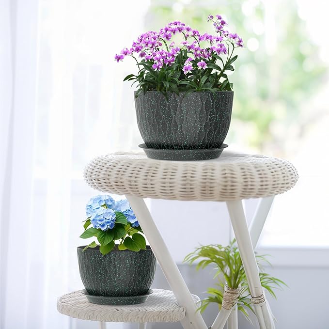 12/10/9 inch Large Plant Pots, 3 Pack Wide Flower Pots for Outdoor Indoor Plants, Water Ripples Plastic Planters with Drainage Holes and Saucers for Garden Hourse, Black with Green Speckles
