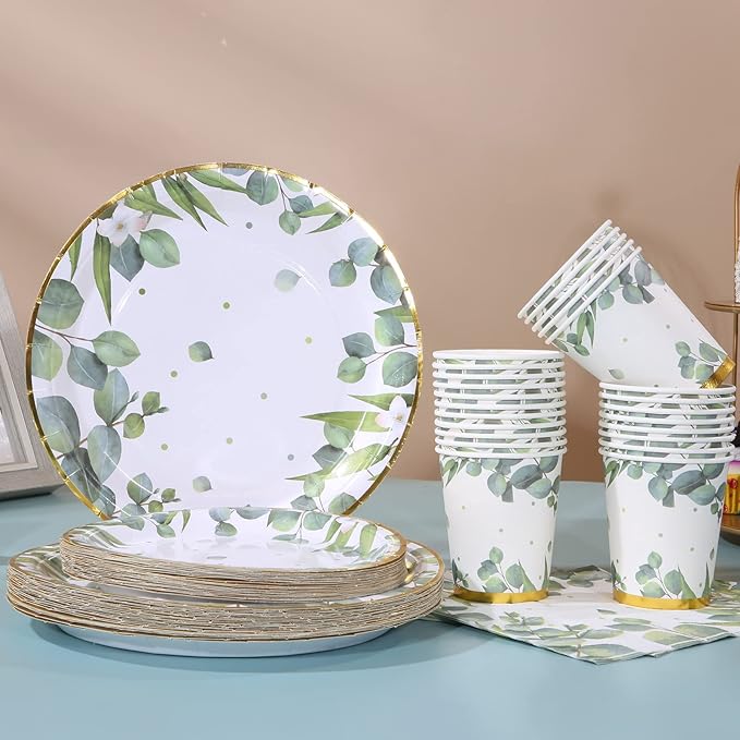 Gender Neutral Baby Shower Plates and Napkins for 25 Sage Green Party Decorations Boy Girl Birthday Bridal Shower Floral Wedding Gold Green Decor Greenery Safari Jungle Theme Boho chic Party Supplies