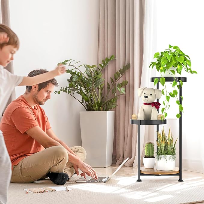 3 Tier Plant Stand Indoor Outdoor, Corner Tierd Metal Flower Shelf Pot Holder Clearance, Tall Multiple Plants Rack Narrow Display Organizer for Patio Orchid Office Porch Living Room Garden,Black