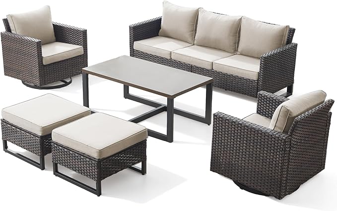 6 Pieces Patio Furniture Set-All Weather Outdoor Swivel Rocker Patio Chairs with 3-Seat Section Couch and Rattan Coffee Table Outdoor Conversation Sets for Garden Backyard Deck(Brown/Beige)