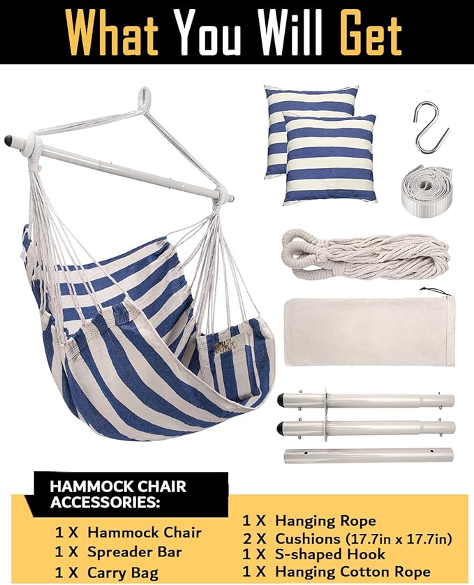ADVOKAIR Hammock Chair Hanging Chair Swing Large Indoor with Anti-Slip Steel Spread Bar and Pocket-Max 500lbs-2 Cushions, Perfect for Bedroom,Outdoor,Patio, Porch,Backyard…