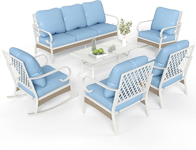 6 Piece Patio Furniture Set, 2 x Fixed Chair, 2 x Rocking Chair, 1 x 3-Seat Sofa with Marbling Coffee Table, All Cushioned 7 Seats Outdoor Conversation Set for Lawn Garden Backyard, Blue