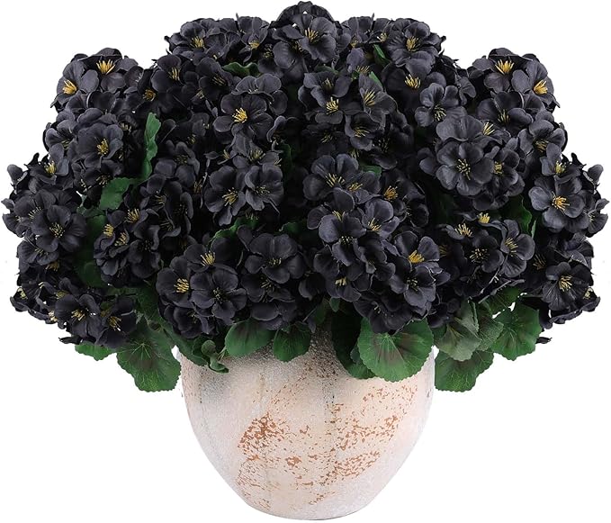 Hananona 6 Bundles Artificial Geranium Flowers for Outdoors Black Silk Geranium Flowers Outdoor UV Resistant Plants Faux Black Flower for Home Kitchen Halloween Table Centerpieces Decor (6, Black)