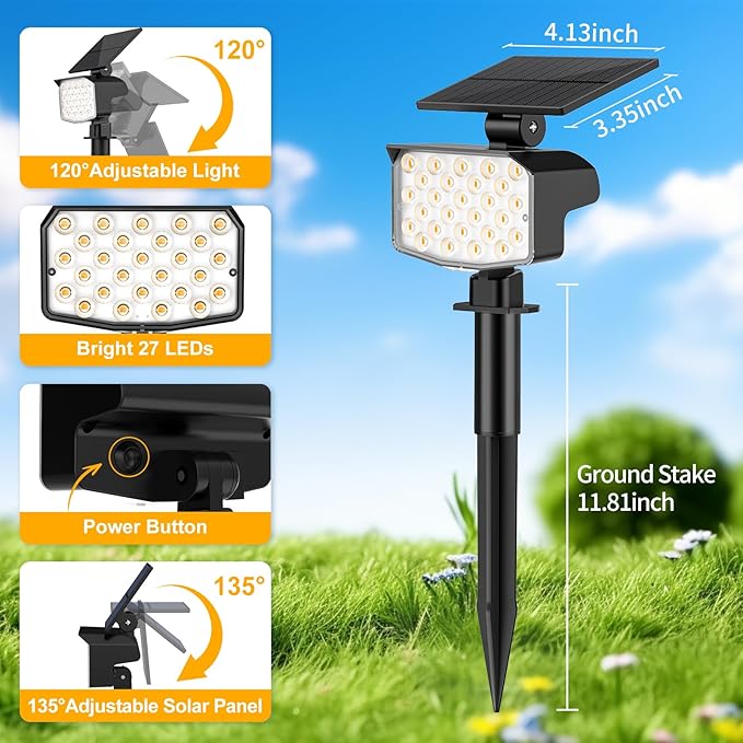 Solar Spot Lights Outdoor Waterproof Adjustable Solar Powered Landscape Lights for Yard 3 Long Time Lighting Modes Spotlights for Pathway Garden Outside Wall Pool Porch- 10 Pack, Warm White
