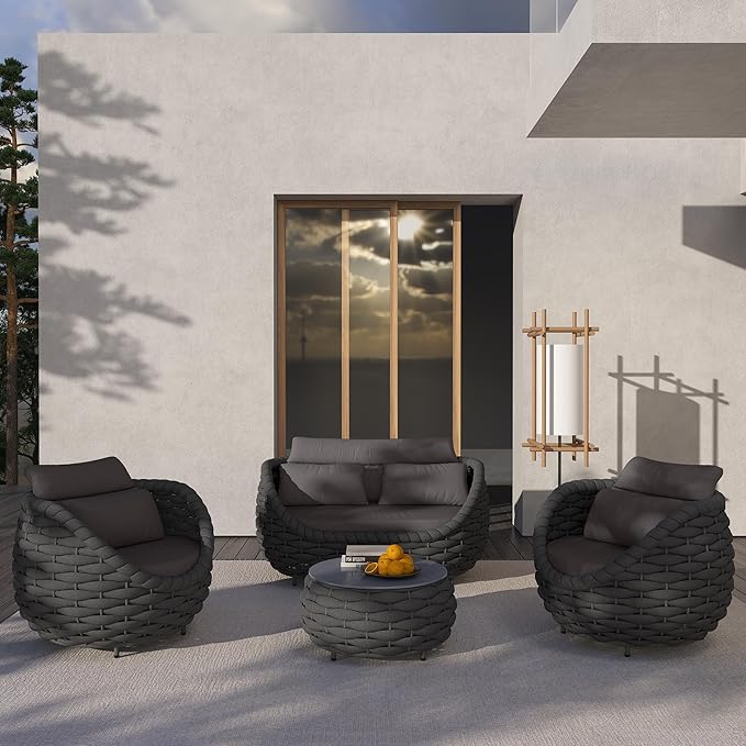 6 Pieces Patio Furniture Set Outdoor Rope Conversation Sectional Patio Sofa with 6 Seater for Backyard, Porch, Modern Armchairs with Thickness Cushions and Side Table, Dark Grey