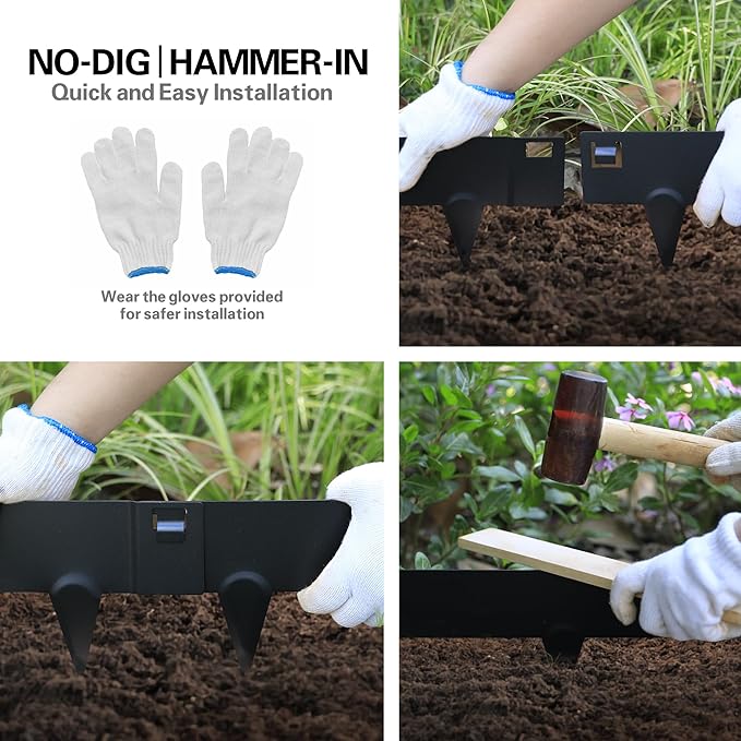 Worth Garden 10-Pack (34Ft Total) Galvanized Steel Landscape Lawn Edging - 8 in. H Bendable Metal Strips - Hammer-in 18-Gauge Flexible Black Edging Border - Yard Pathway Divider - Buckle Connection