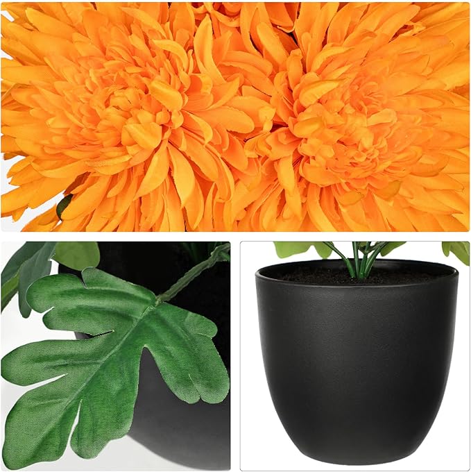 Hollyone Artificial Mums Flowers in Vase Faux Chrysanthemum Silk Flower Potted Plant Fake Plants & Flowers with Pot Floral Arrangements Bouquets Pincushion Spider Mum Flower Home Decor Orange
